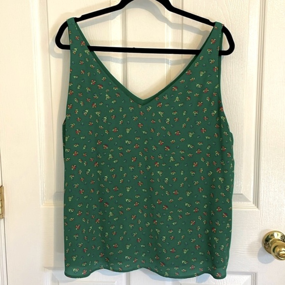 LOFT Tank Top Style Green Floral Top with Small Pretty Flowers, Size XL,